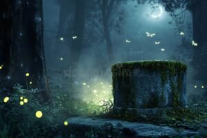 antigua piedra brillante mistica en fondo oscuro