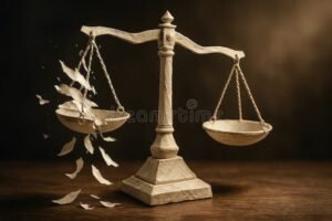 balanza judicial rota sobre fondo oscuro