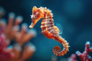 caballito de mar nadando entre corales coloridos