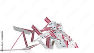 castillo de naipes derrumbandose sobre libros