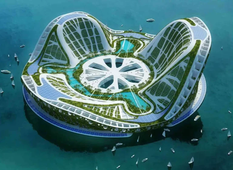 futuristic floating city with water elements