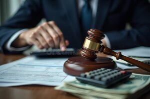 juez con balanza evaluando documentos legales