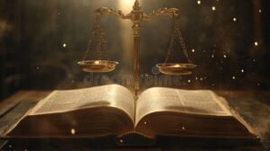 libro abierto y balanza de la justicia