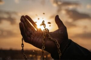 manos rezando con sombras de cadenas