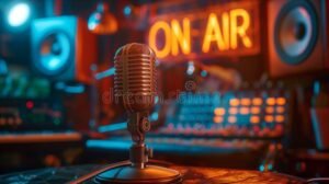 microfono antiguo con fondo de estudio radial