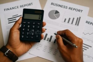 persona calculando finanzas con calculadora moderna