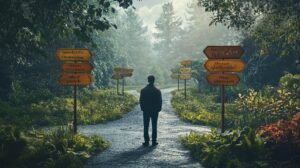 persona eligiendo caminos divergentes en bosque