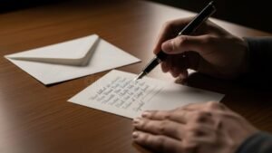 persona escribiendo carta formal en escritorio
