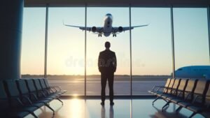 persona mirando aviones en aeropuerto al atardecer