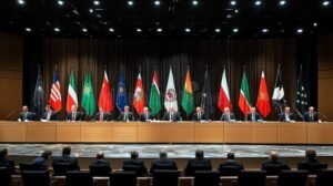 reunion diplomatica internacional con banderas visibles